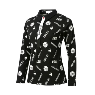 【LE COQ SPORTIF 公雞】高爾夫系列 女款黑色滿版印花POLO長袖棉衫 QLS2T106