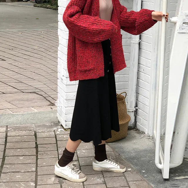 【那木】花瓣下擺飾排釦針織長裙(百搭中厚春秋洋裝半身裙)