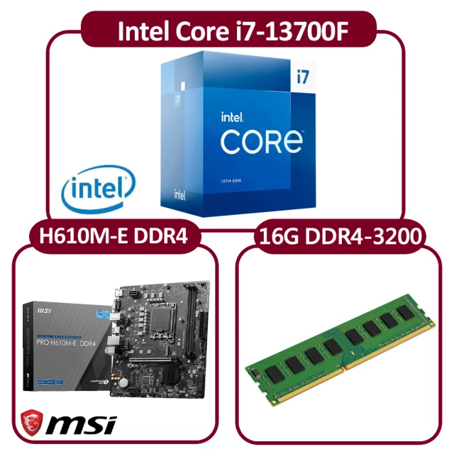 Intel 英特爾 Intel i7-13700F CPU+微星 H610M-E DDR4 主機板+創見 16G DDR4-3200(16核心超值組合包)