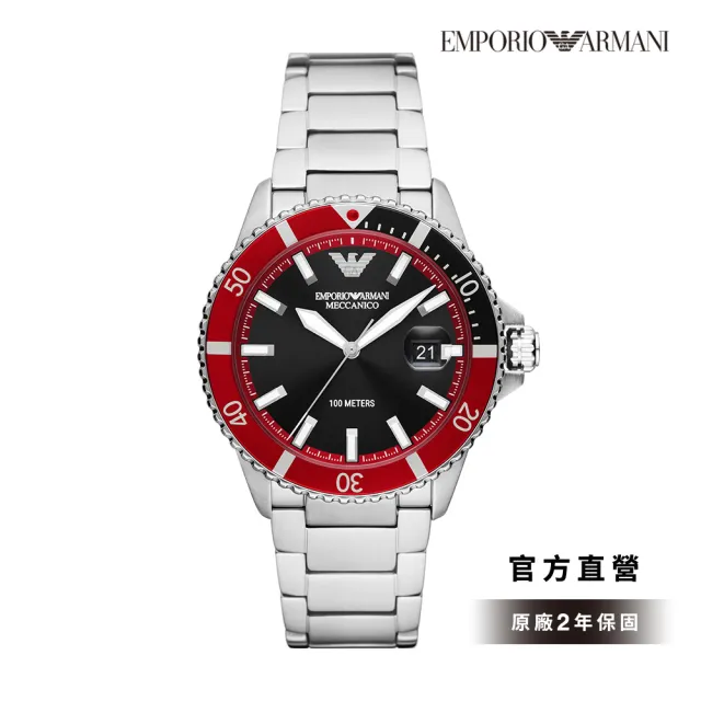 【EMPORIO ARMANI 官方直營】Diver 海浪征服者系列手錶 經典黑 銀色不鏽鋼錶帶 42MM AR60074
