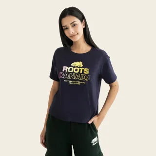 【Roots】Roots女裝-城市旅者系列 漸層LOGO寬版純棉短袖T恤(軍藍色)