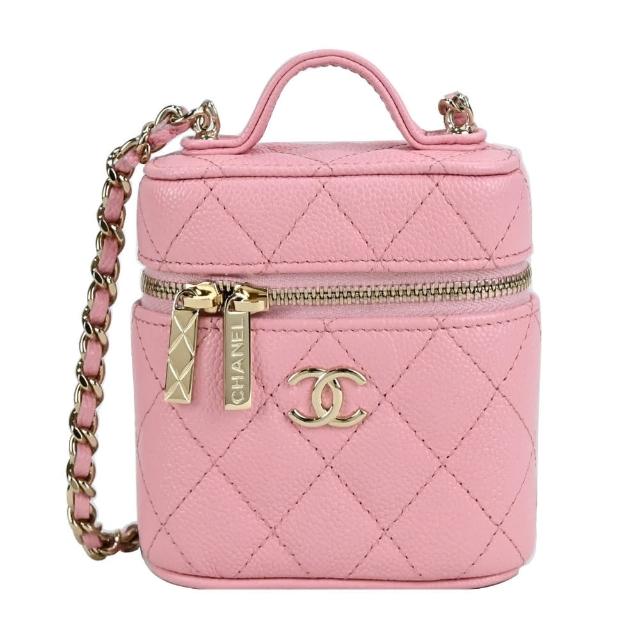 【CHANEL 香奈兒】經典金色雙CLOGO菱格紋小牛皮迷你化妝/兩用包(粉色)
