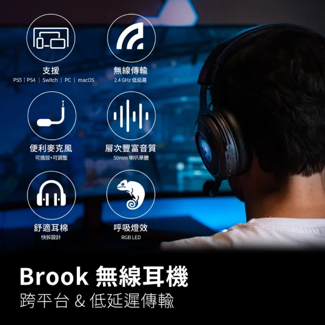 【Brook】無線藍芽親膚耳罩式麥克風耳機  Headset 2.4GHz 3.5mm(超低延遲/久戴也很舒適/多層次重低音)
