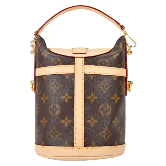 【Louis Vuitton 路易威登】M43587 Duffle 帆布印花S鎖扣牛皮鑲飾手提肩背水桶包(卡其棕)