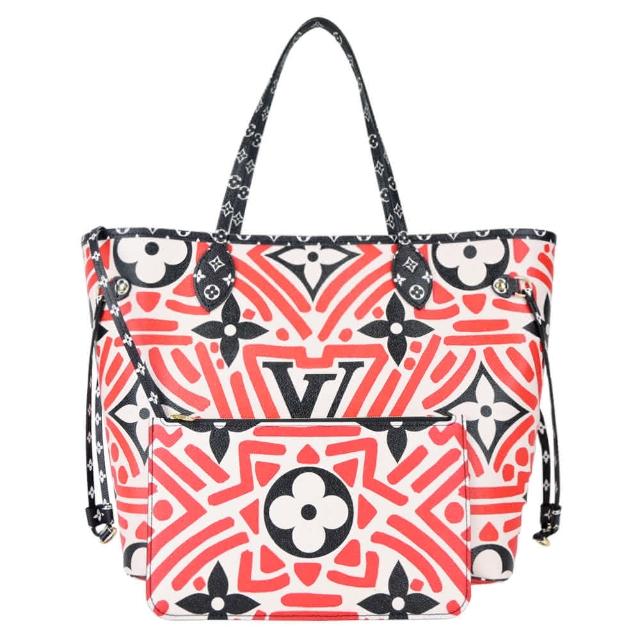 LV 路易威登 M56583 Neverfull MM 帆布印花塗鴉幾何托特包，以經典帆布為基底，融合時尚印花與幾何圖案設計，展現獨特藝術風格。白色與紅色雙色選擇，適合日常搭配，兼具實用性與高階感，是女性歐系精品愛好者的理想選擇。