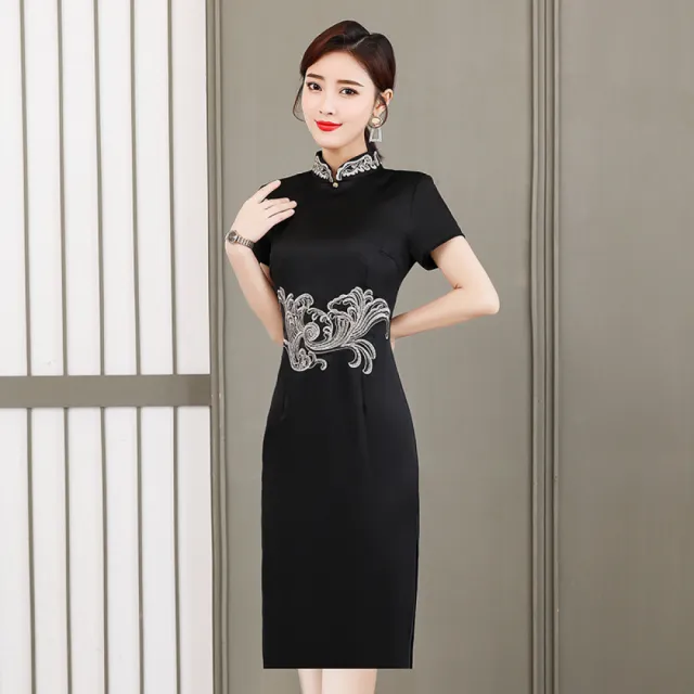 【Very Buy 非常勸敗】夏季旗袍改良洋裝中國風復古氣質刺繡年輕長款黑色顯瘦