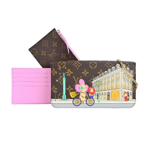 款式為 Louis Vuitton 經典 FÉLICIE POCHETTE 吉祥物設計，以巴黎凡登廣場柱為主題的印花帆布製成，展現歐系經典時尚風格。輕巧實用的斜揹包，適合日常出勤或晚宴場合，精緻工藝與高雅質感完美結合，限量版設計更添收藏價值。