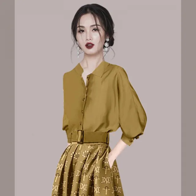 【Very Buy 非常勸敗】法式小眾輕奢時尚套裝女早秋襯衫收腰顯瘦印花半裙兩件式套裝