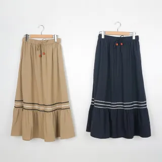 【Dailo】波浪織帶柔軟長裙(黑 卡)