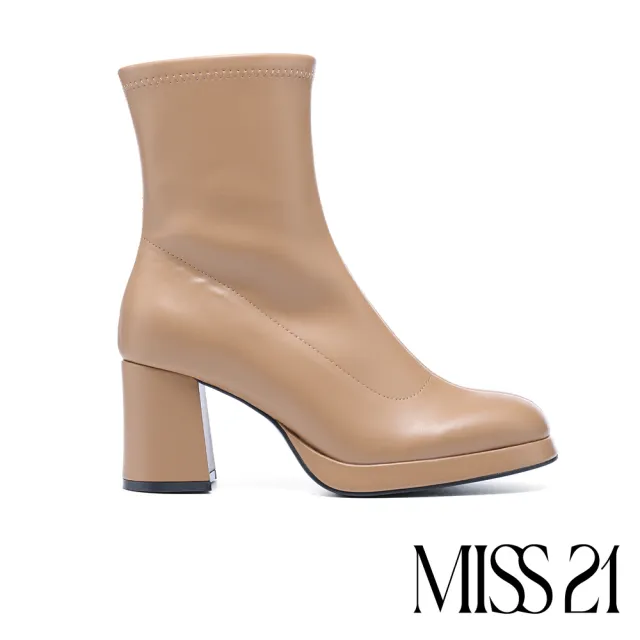 【MISS 21】復古時髦純色側拉鍊方頭水台高跟短靴(駝)