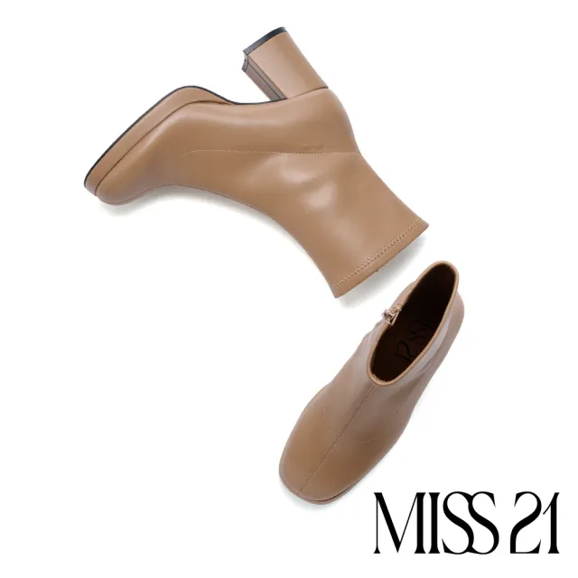 【MISS 21】復古時髦純色側拉鍊方頭水台高跟短靴(駝)