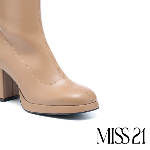 【MISS 21】復古時髦純色側拉鍊方頭水台高跟短靴(駝)