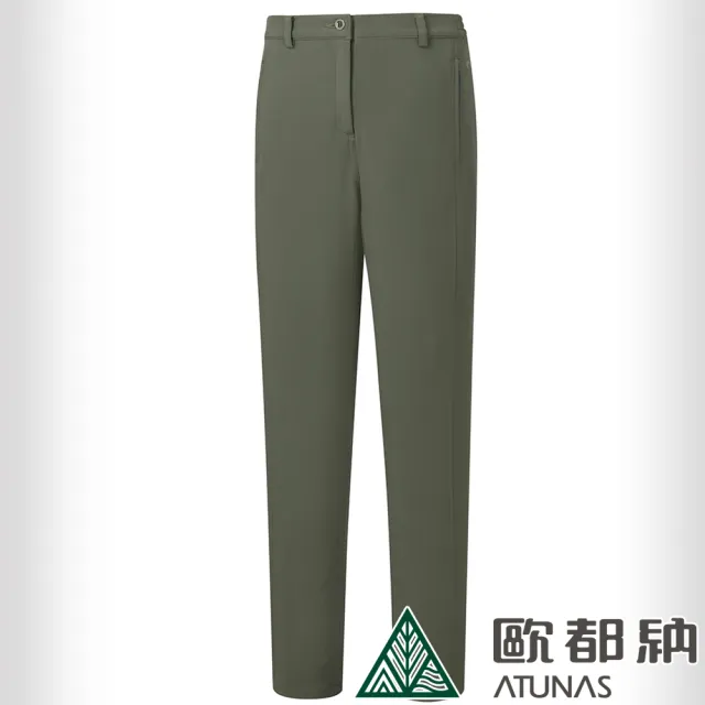 【ATUNAS 歐都納】女款SOFTSHELL抗風彈性長褲(A1PA2317W灰綠/內輕保暖磨毛/透氣防潑水/登山健行/素面百搭)
