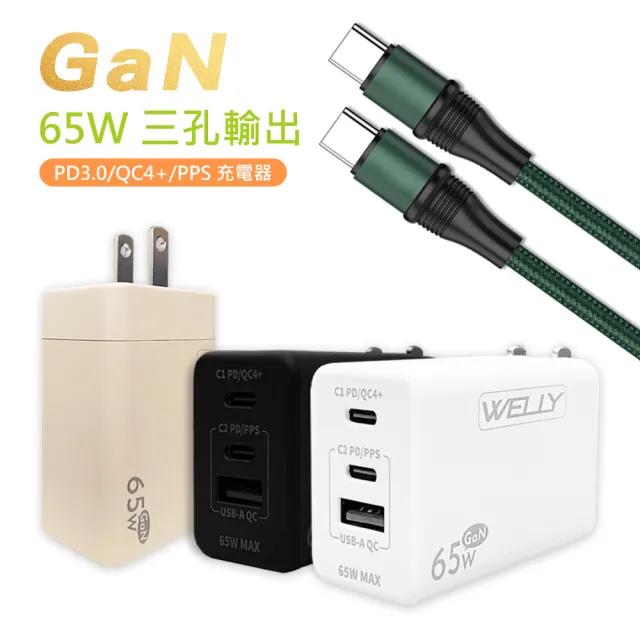 【WELLY】65W氮化鎵GaN 極速充電器+100W Type-C to Type-C 1.2M 傳輸充電線(組合)