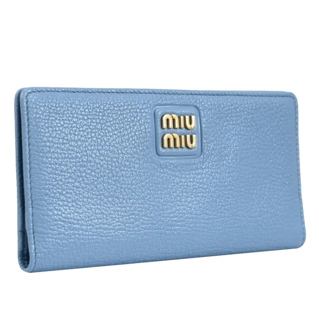 【MIU MIU】簡約經典LOGO山羊皮多卡扣式對折零錢長夾(天藍)