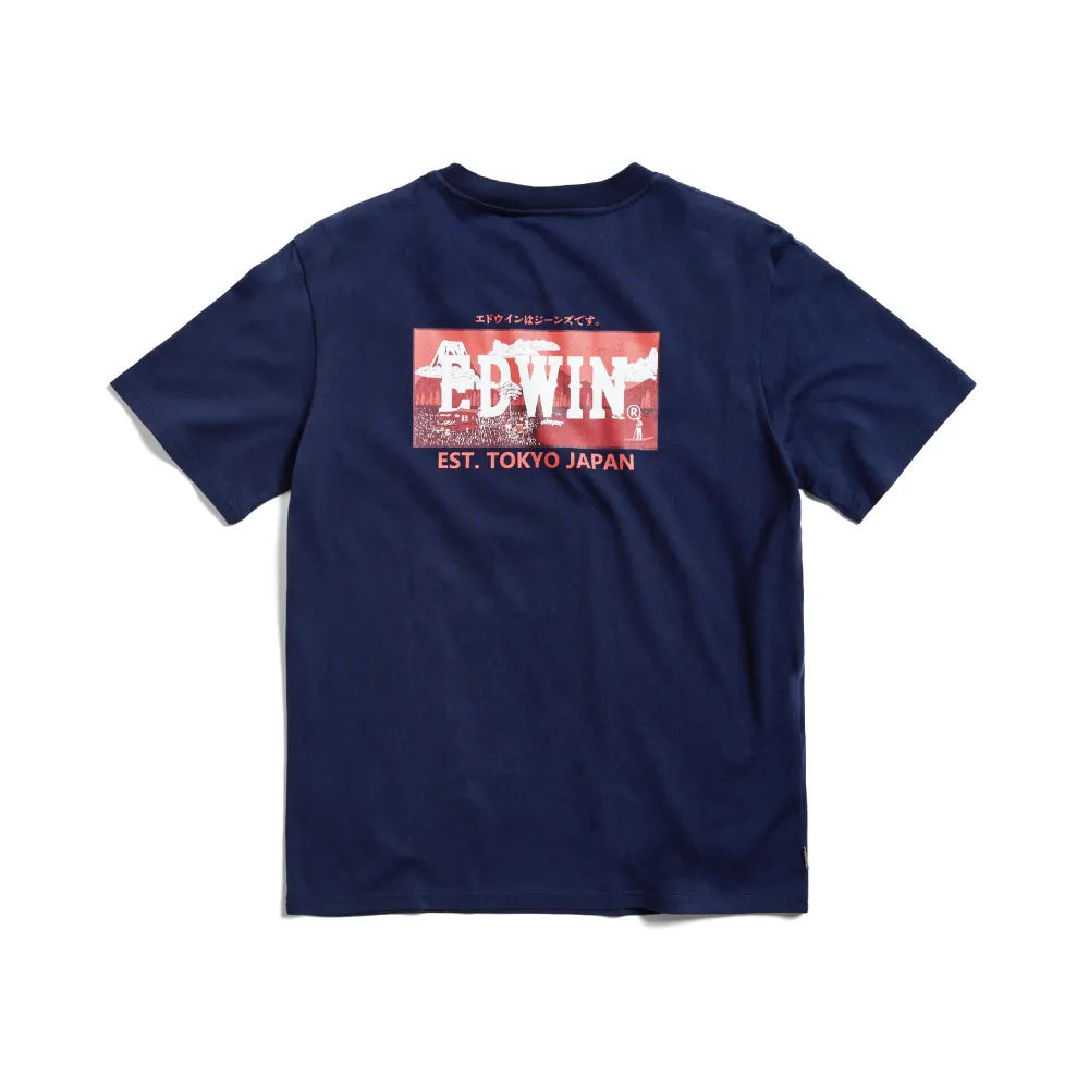 【EDWIN】男裝 露營系列 背後營地BOX LOGO印花短袖T恤(丈青色)