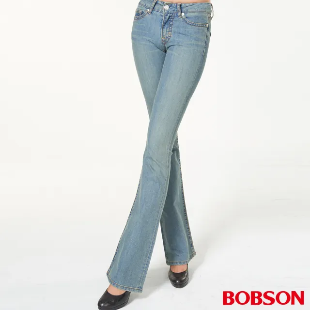 【BOBSON】女款低腰伸縮中喇叭褲(復古藍944-75)