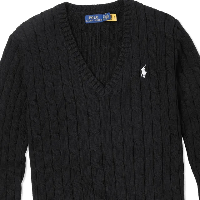 【RALPH LAUREN】RL POLO 經典V領刺繡小馬麻花針織毛衣 上衣-女-黑色(平輸品/保暖舒適/百搭爆款)