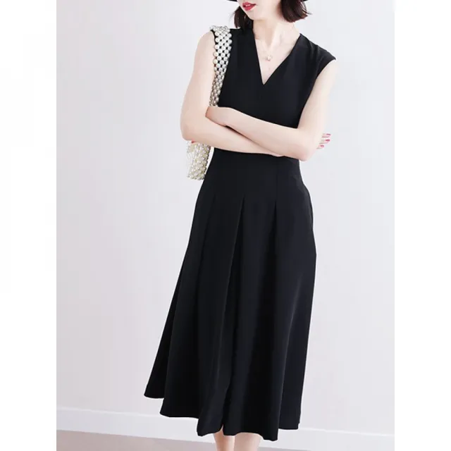 【Very Buy 非常勸敗】2022夏季新款氣質女神範中長裙優雅法式復古收腰v領無袖洋裝