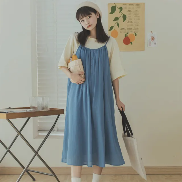 【那木】日系純棉吊帶背心裙-海水藍(透氣百搭休閒棉麻連身裙)