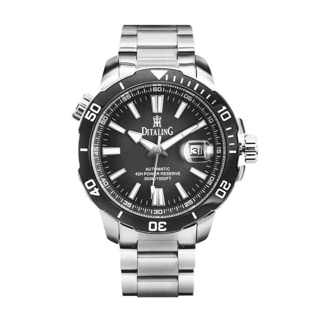 DITALING 水鬼系列 銀框 黑面 排氦氣潛水腕錶 自動上鍊機械錶 不鏽鋼錶帶(DT1521-3)