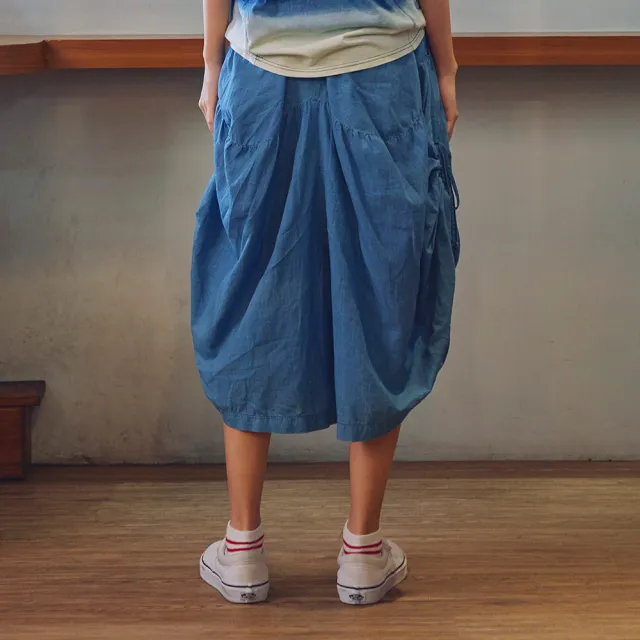 【EDWIN】江戶勝 女裝 抽繩斜邊褲裙(拔淺藍)