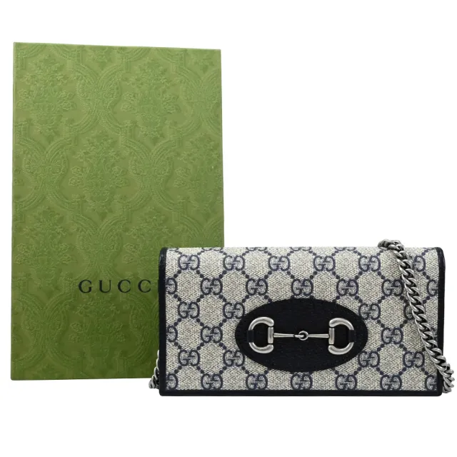 【GUCCI 古馳】Horsebit 1955 WOC 品牌經典馬蹄LOGO拼接長夾斜背包(深藍)