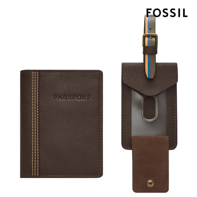 FOSSIL Gift Set 護照套行李牌禮物組-深棕色 