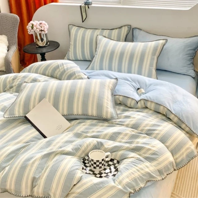 秋冬保暖藍條紋棉加絨被套枕套床包組