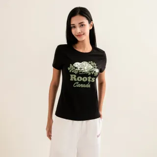 【Roots】Roots女裝-繽紛花卉系列 花草海狸修身短袖T恤(黑色)