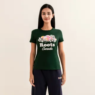 【Roots】Roots女裝-繽紛花卉系列 花草海狸修身短袖T恤(深綠色)