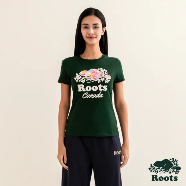 【Roots】Roots女裝-繽紛花卉系列 花草海狸修身短袖T恤(深綠色)