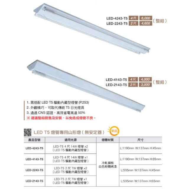 【DanceLight 舞光】5入組 T5 LED 2尺 單管 山形燈具 山型燈具(白光/黃光)