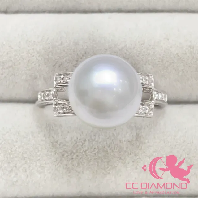 【CC Diamond】天然南洋澳白珍珠 18K鑲鑽石戒指(9.3mm)