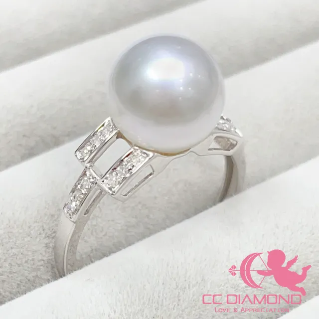 【CC Diamond】天然南洋澳白珍珠 18K鑲鑽石戒指(9.3mm)