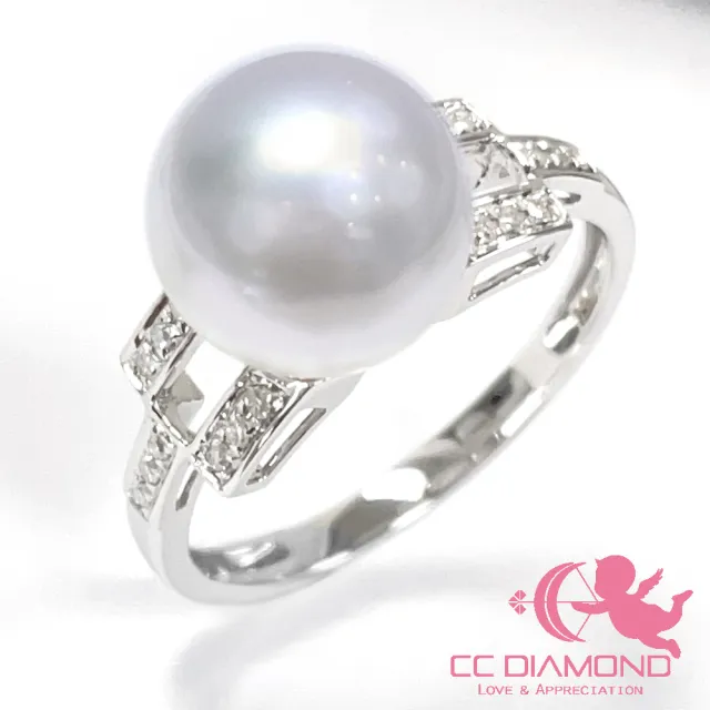 【CC Diamond】天然南洋澳白珍珠 18K鑲鑽石戒指(9.3mm)