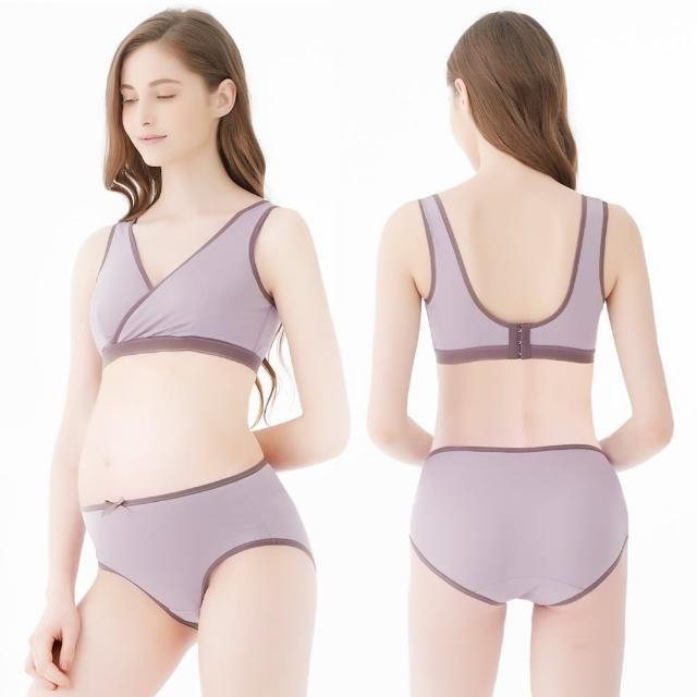 【Gennies 奇妮】哺乳內衣褲成套 休閒棉交叉款無鋼圈內衣 中腰內褲(孕婦內衣 孕婦內褲 紫芋 A42B22)