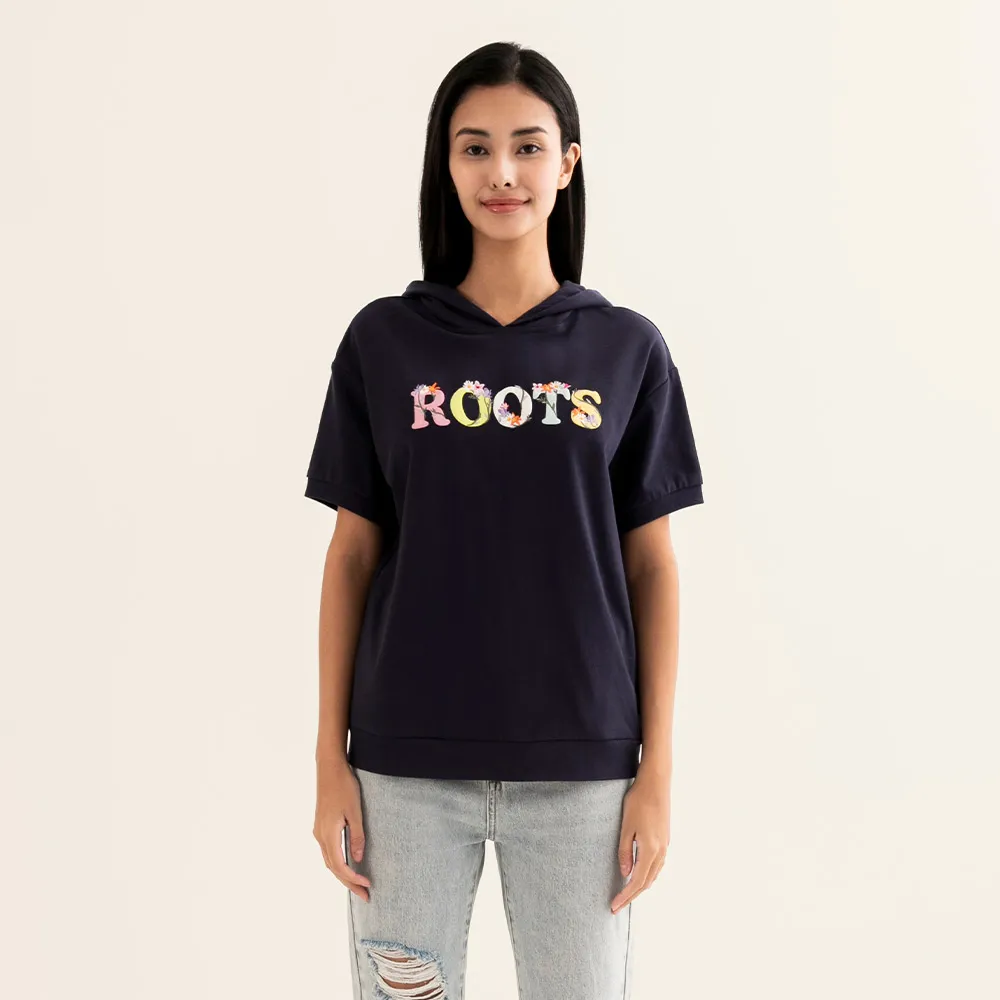 【Roots】Roots女裝-繽紛花卉系列 刺繡花卉文字連帽上衣(軍藍色)