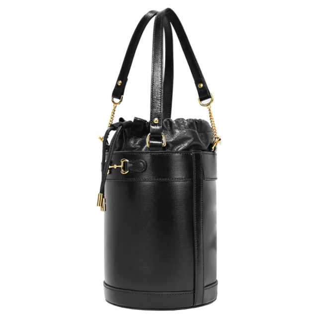 【GUCCI 古馳】1955 Horsebit 皮革復古皮革馬銜扣手提肩背水桶包(黑)