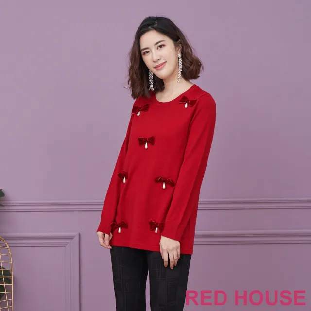 【RED HOUSE 蕾赫斯】蝴蝶節點綴長版針織衫(共2色)
