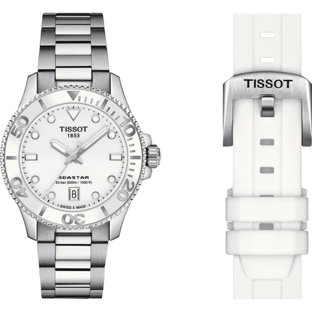 TISSOT 天梭TISSOT 天梭 官方授權 Seastar 1000 海洋之星300米潛水女錶 搭贈白色矽膠帶-36mm(T1202101101100)