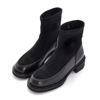 DN素面牛皮拼接麂皮粗跟襪套中筒靴