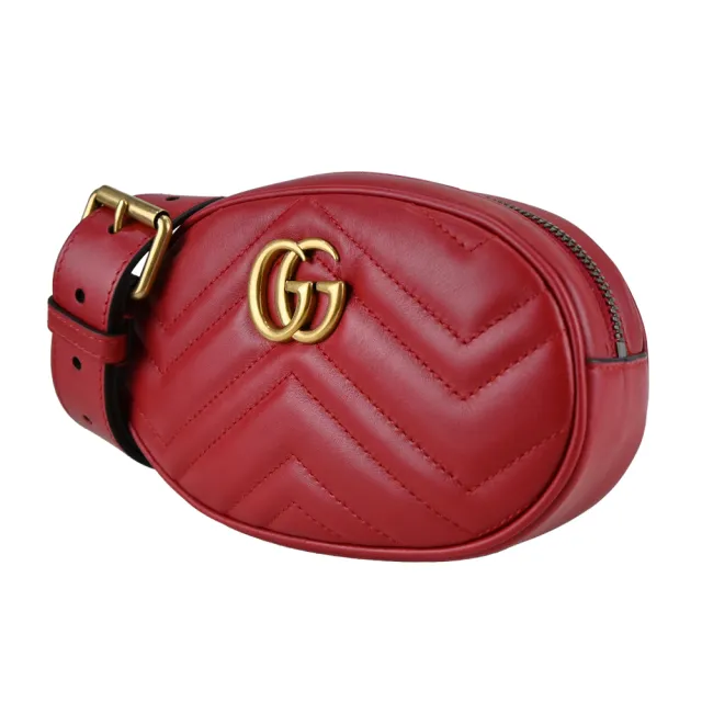 【GUCCI 古馳】GG Marmont 絎縫牛皮拉鍊腰包/腰包(紅色)