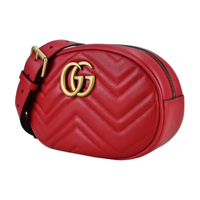 【GUCCI 古馳】GG Marmont 絎縫牛皮拉鍊腰包/腰包(大款/紅)