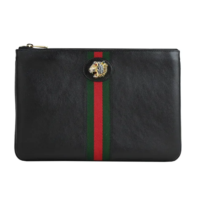 【GUCCI 古馳】Ophidia經典水鑽珐琅虎頭帆布牛皮飾邊紅綠大手拿包(黑)