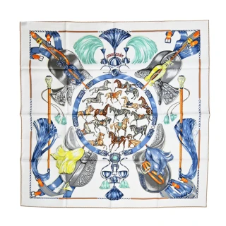 【Hermes 愛馬仕】Cavalcadese 90 cm手工捲邊斜紋真絲方巾(白/藍/綠)