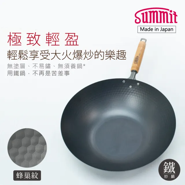 【Summit】輕量氮化處理鐵鍋-30cm炒鍋+玻璃蓋(蜂巢紋)