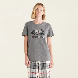 【Roots】Roots女裝-經典小木屋系列 格紋海狸LOGO短袖T恤(灰色)