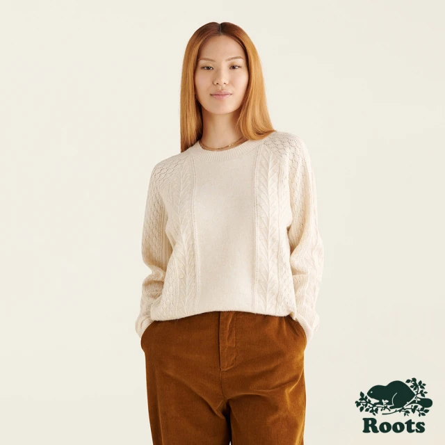 【Roots】Roots女裝-率性生活系列 編織圖案薄針織毛衣(米白色)