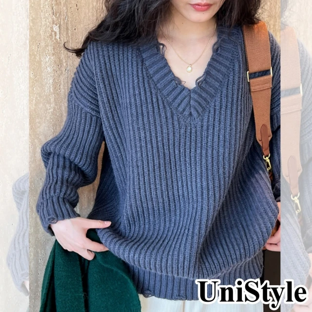 UniStyle 磨破V領長袖毛衣 日系落肩袖破洞上衣 女 UVss347(月球灰)